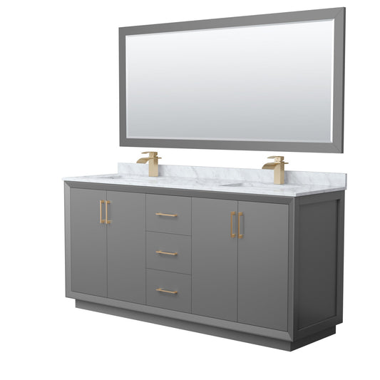 Wyndham Collection Strada 72" Double Bathroom Vanity in Dark Gray, White Carrara Marble Countertop, Undermount Square Sink, Satin Bronze Trim, 70" Mirror