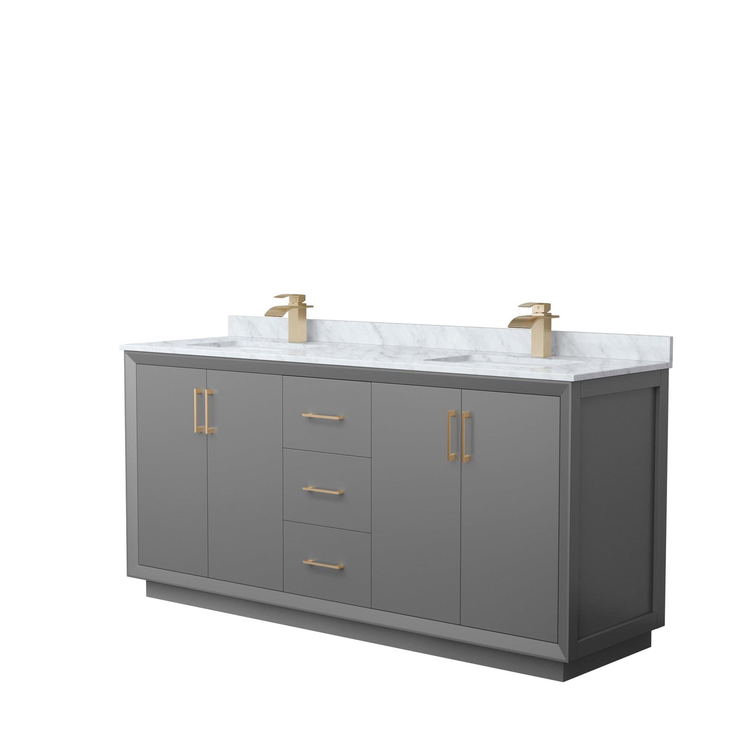 Wyndham Collection Strada 72" Double Bathroom Vanity in Dark Gray, White Carrara Marble Countertop, Undermount Square Sink, Satin Bronze Trim