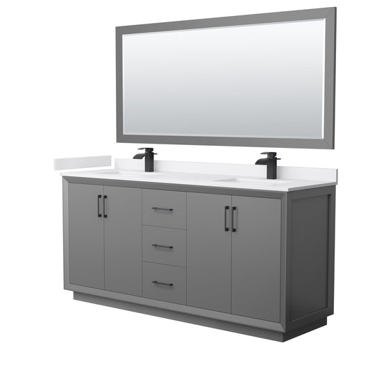 Wyndham Collection Strada 72" Double Bathroom Vanity in Dark Gray, White Cultured Marble Countertop, Undermount Square Sink, Matte Black Trim, 70" Mirror