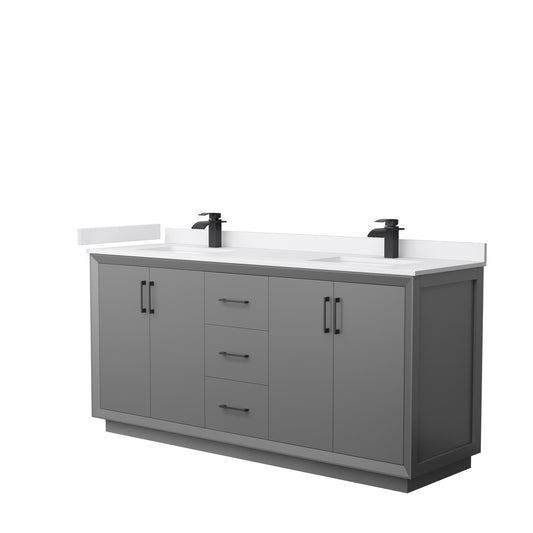 Wyndham Collection Strada 72" Double Bathroom Vanity in Dark Gray, White Cultured Marble Countertop, Undermount Square Sink, Matte Black Trim