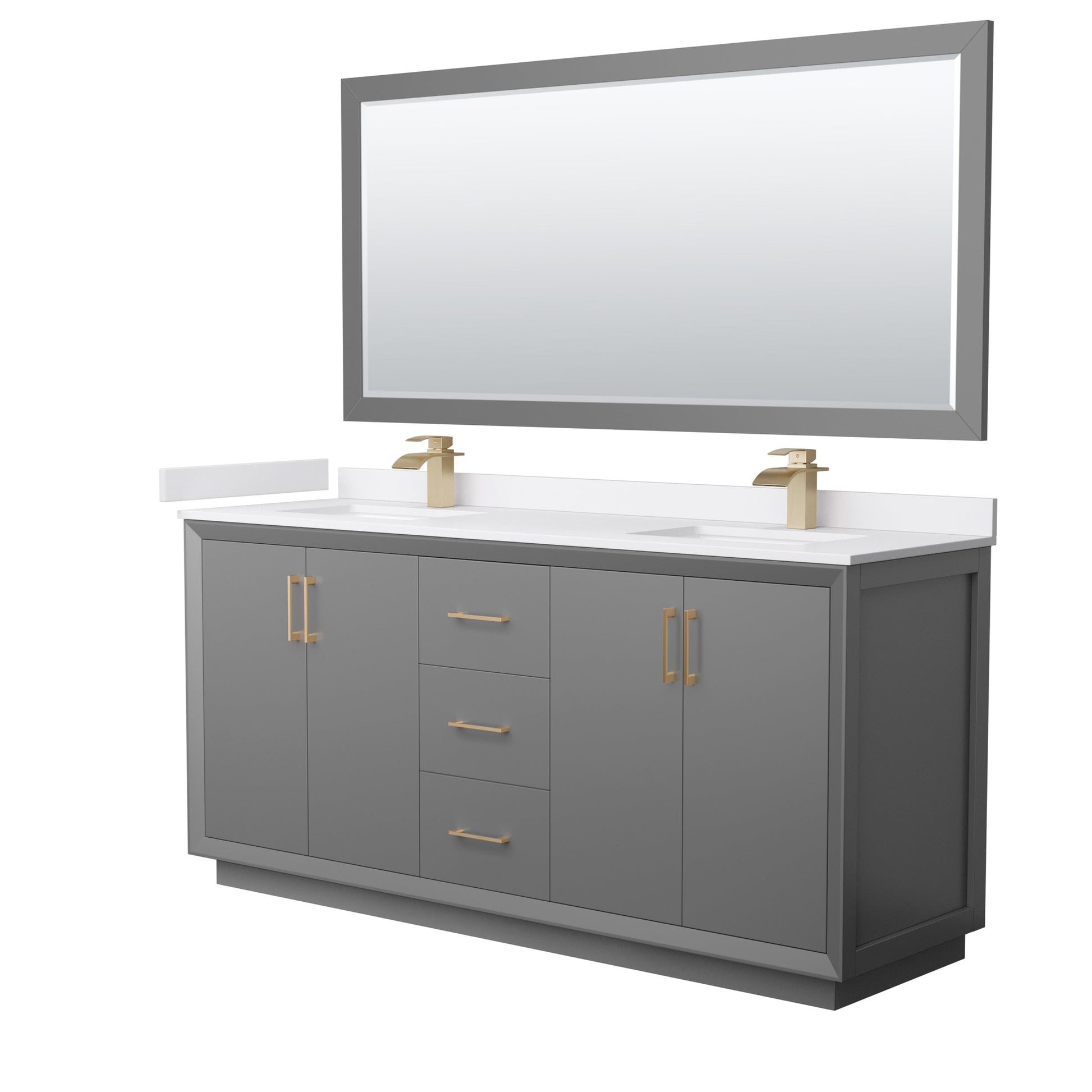 Wyndham Collection Strada 72" Double Bathroom Vanity in Dark Gray, White Cultured Marble Countertop, Undermount Square Sink, Satin Bronze Trim, 70" Mirror