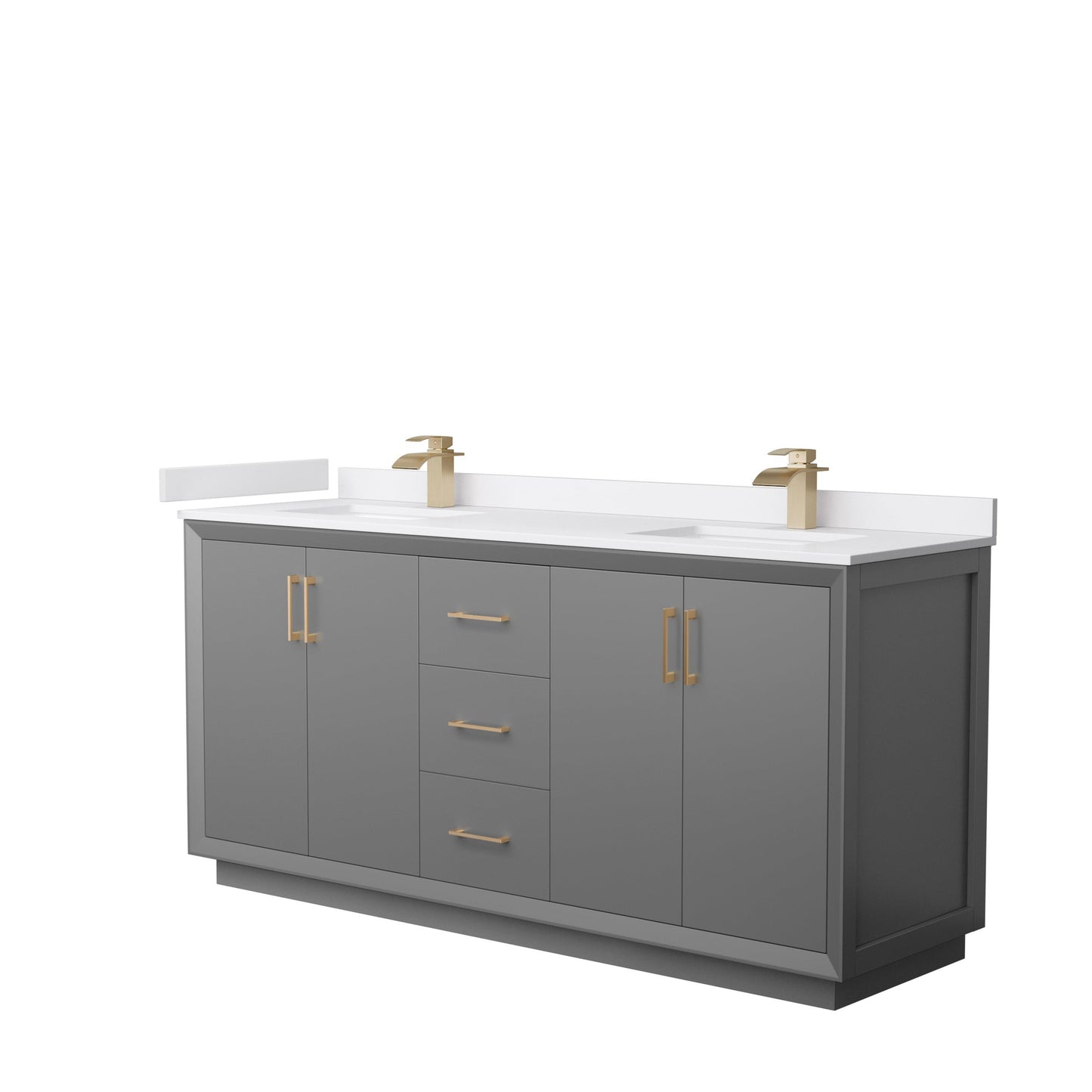 Wyndham Collection Strada 72" Double Bathroom Vanity in Dark Gray, White Cultured Marble Countertop, Undermount Square Sink, Satin Bronze Trim