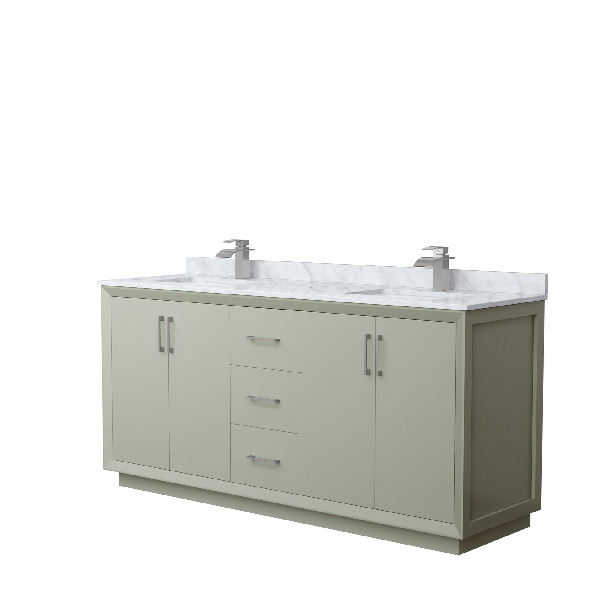 Wyndham Collection Strada 72" Double Bathroom Vanity in Light Green, White Carrara Marble Countertop, Undermount Square Sinks, Brushed Nickel Trim