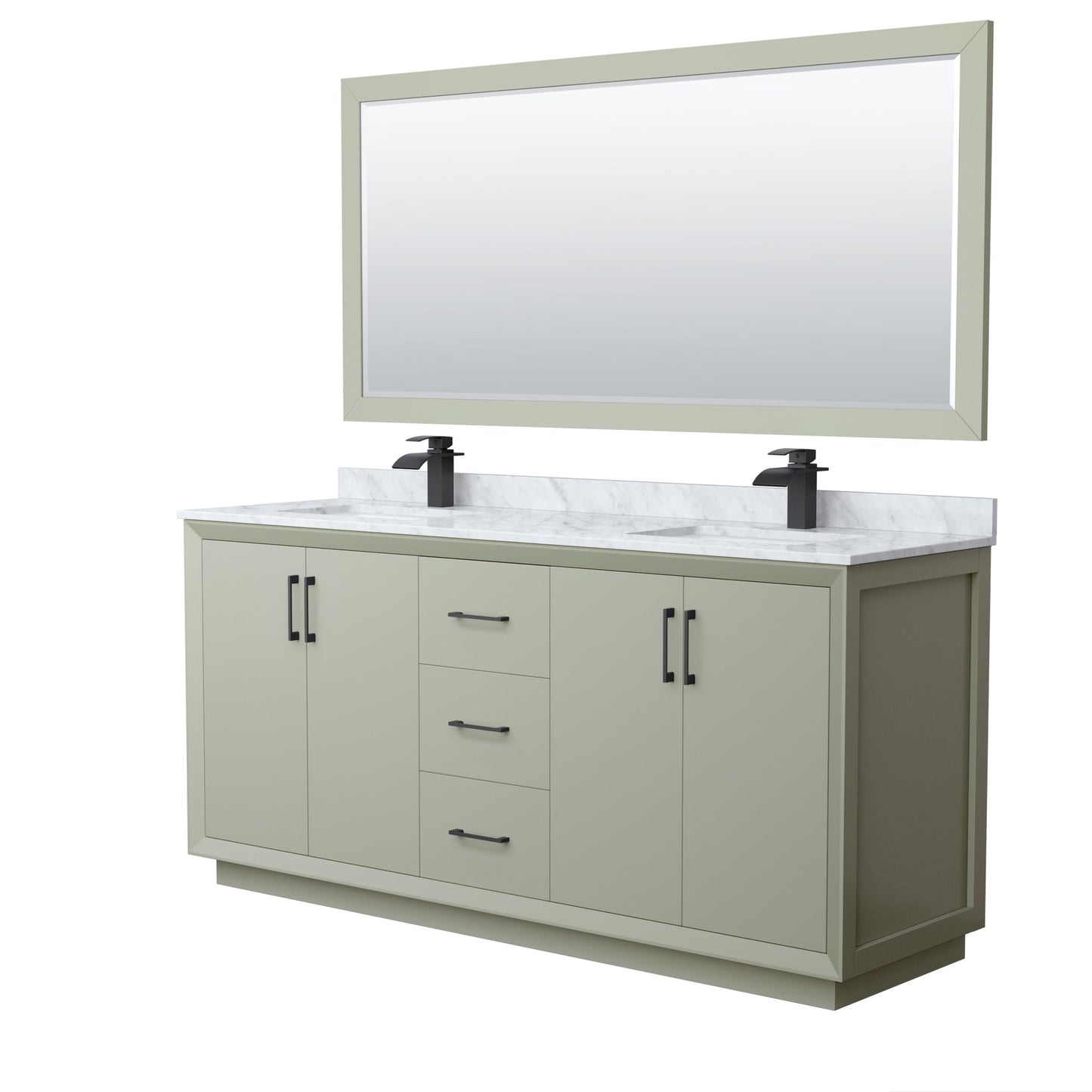 Wyndham Collection Strada 72" Double Bathroom Vanity in Light Green, White Carrara Marble Countertop, Undermount Square Sinks, Matte Black Trim, 70" Mirror