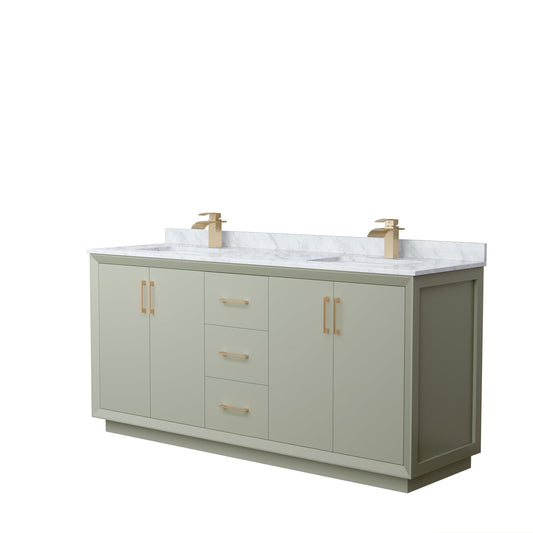 Wyndham Collection Strada 72" Double Bathroom Vanity in Light Green, White Carrara Marble Countertop, Undermount Square Sinks, Satin Bronze Trim