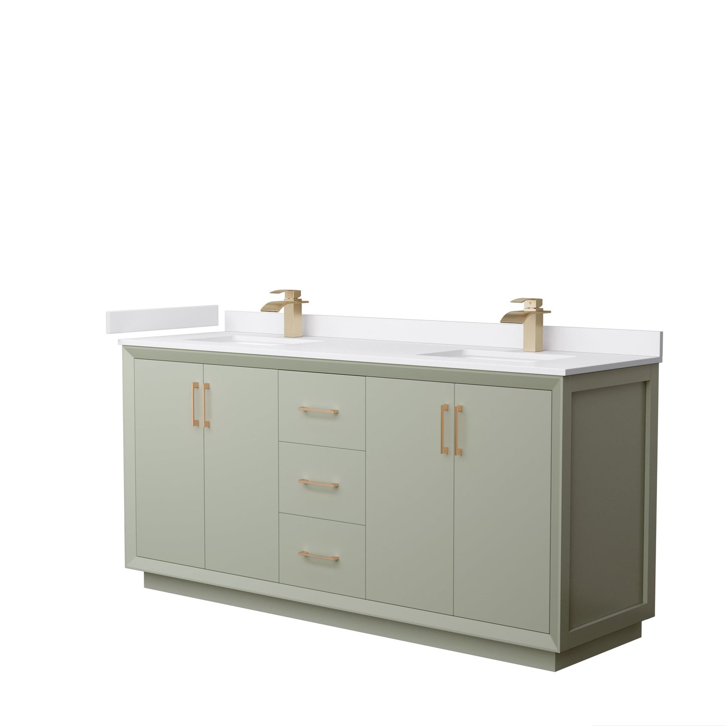 Wyndham Collection Strada 72" Double Bathroom Vanity in Light Green, White Cultured Marble Countertop, Undermount Square Sinks, Satin Bronze Trim