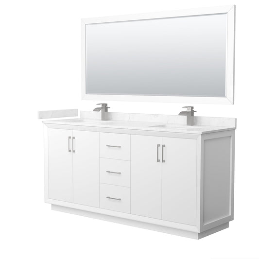 Wyndham Collection Strada 72" Double Bathroom Vanity in White, Carrara Cultured Marble Countertop, Undermount Square Sink, Brushed Nickel Trim, 70" Mirror