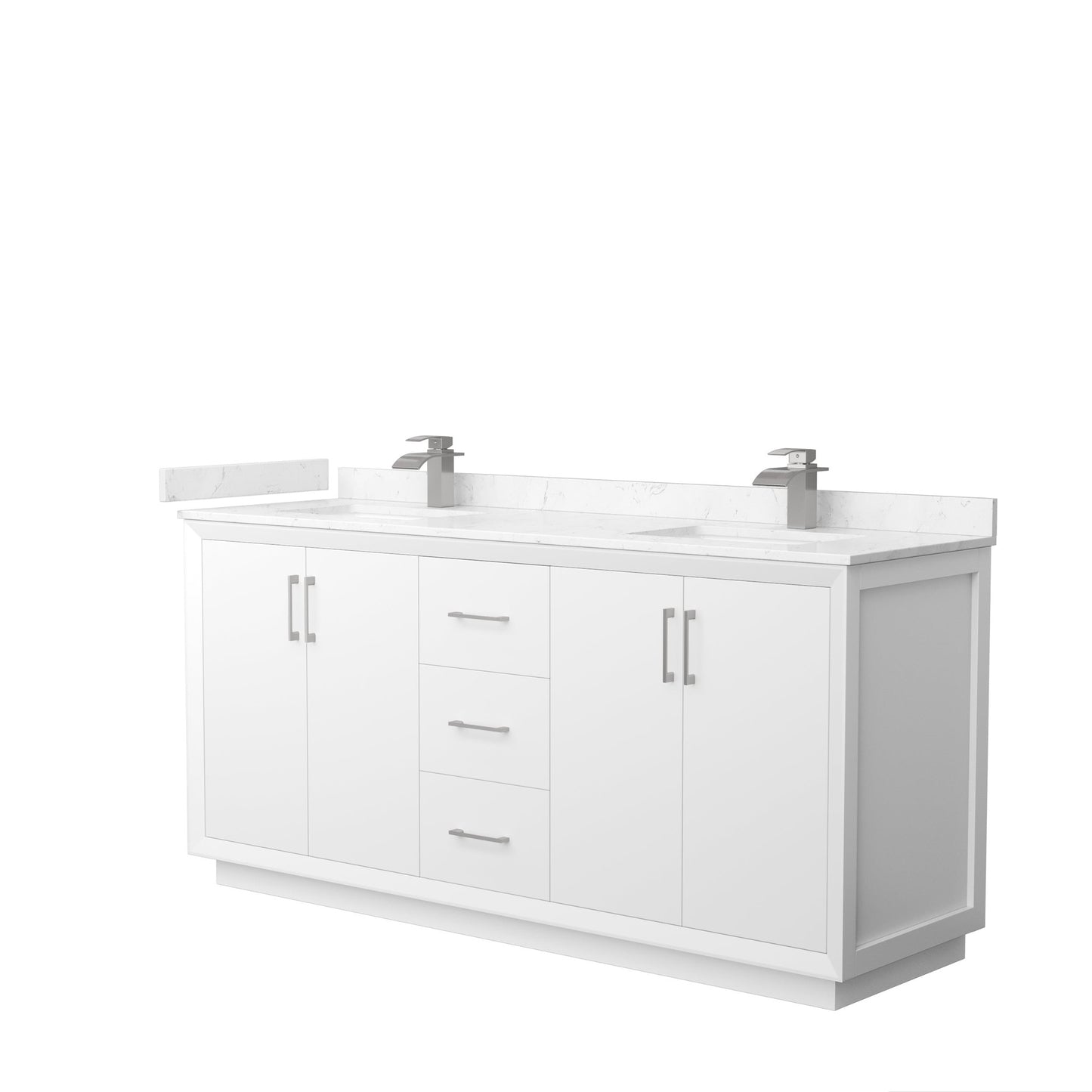Wyndham Collection Strada 72" Double Bathroom Vanity in White, Carrara Cultured Marble Countertop, Undermount Square Sink, Brushed Nickel Trim