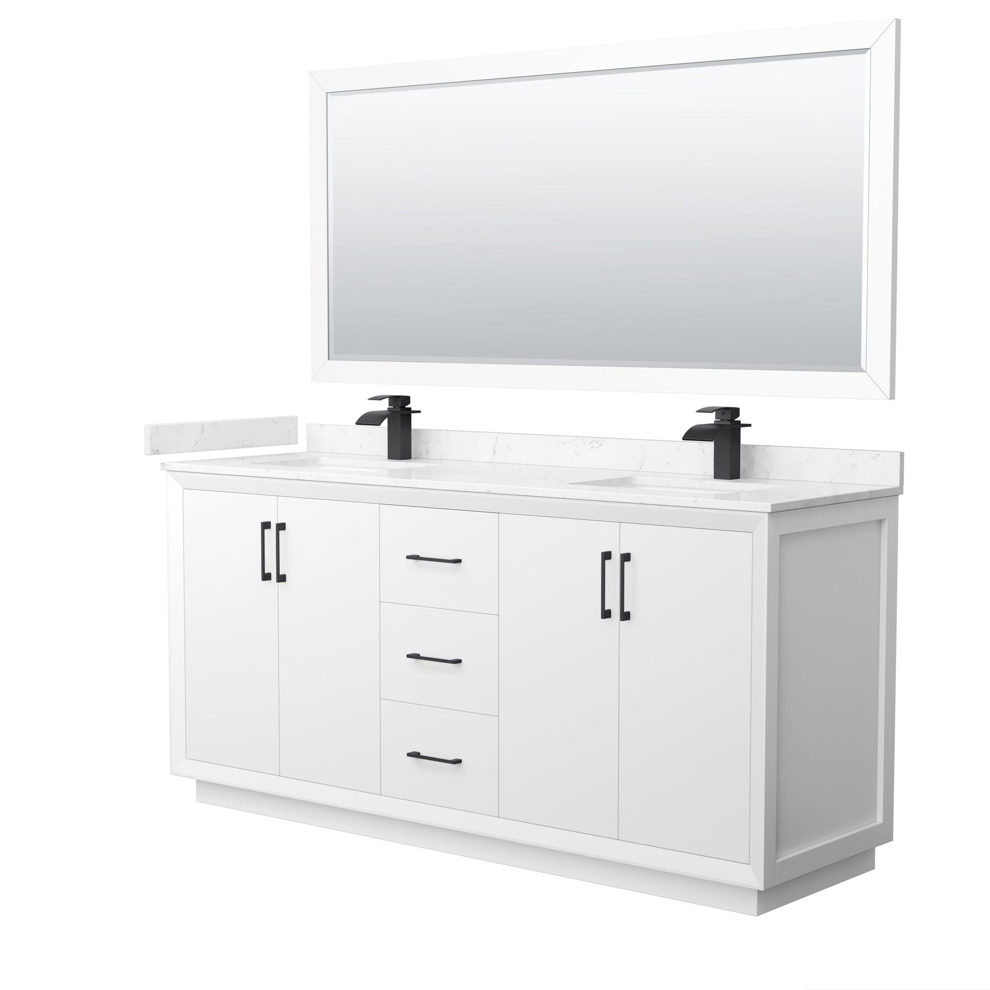 Wyndham Collection Strada 72" Double Bathroom Vanity in White, Carrara Cultured Marble Countertop, Undermount Square Sink, Matte Black Trim, 70" Mirror