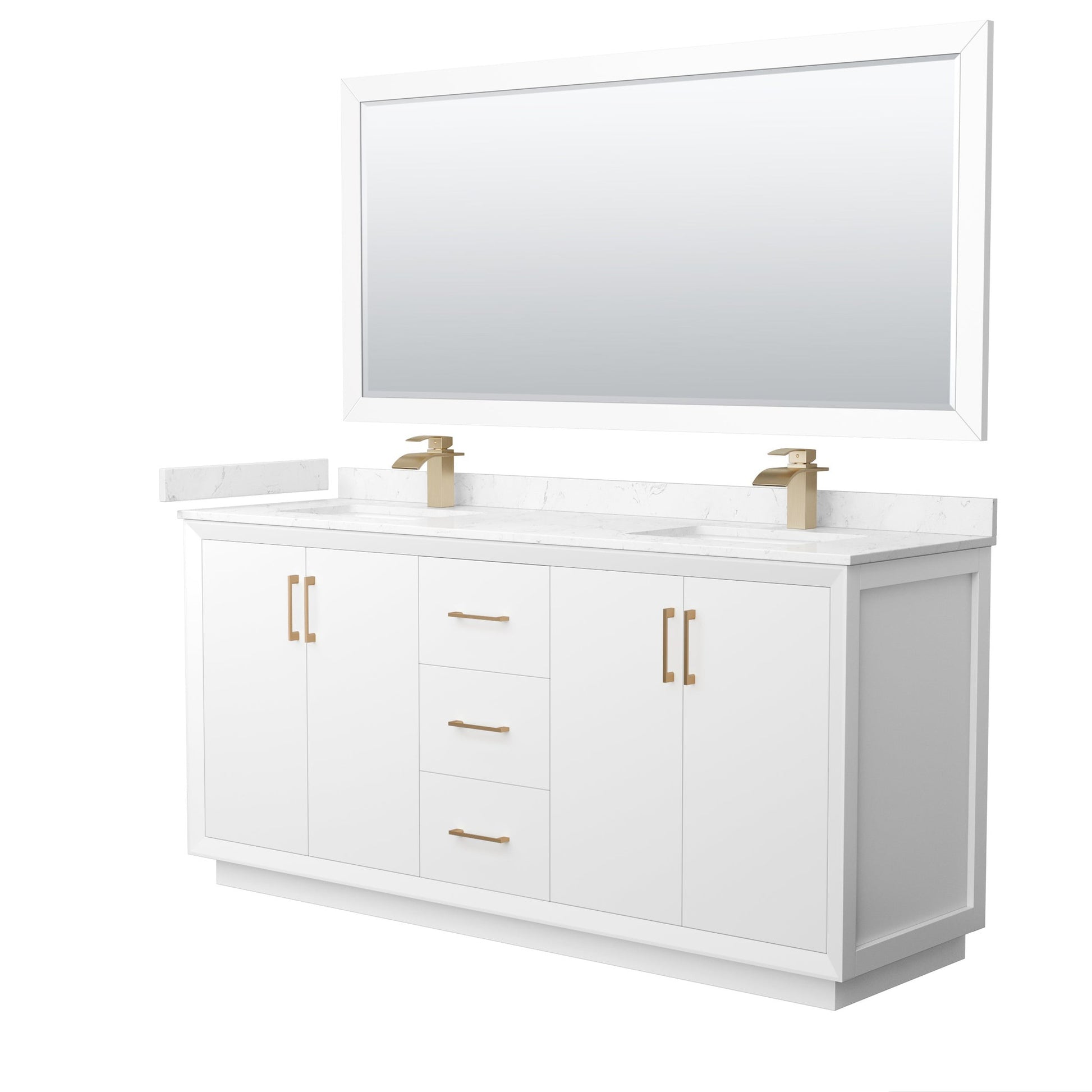 Wyndham Collection Strada 72" Double Bathroom Vanity in White, Carrara Cultured Marble Countertop, Undermount Square Sink, Satin Bronze Trim, 70" Mirror