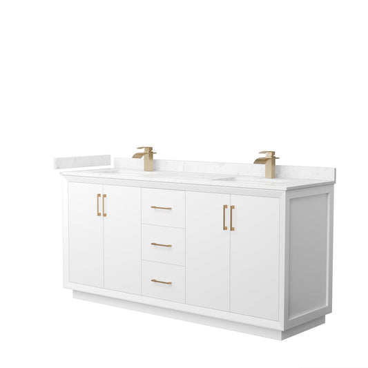 Wyndham Collection Strada 72" Double Bathroom Vanity in White, Carrara Cultured Marble Countertop, Undermount Square Sink, Satin Bronze Trim