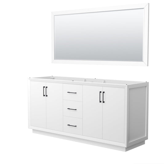 Wyndham Collection Strada 72" Double Bathroom Vanity in White, No Countertop, No Sink, Matte Black Trim, 70" Mirror