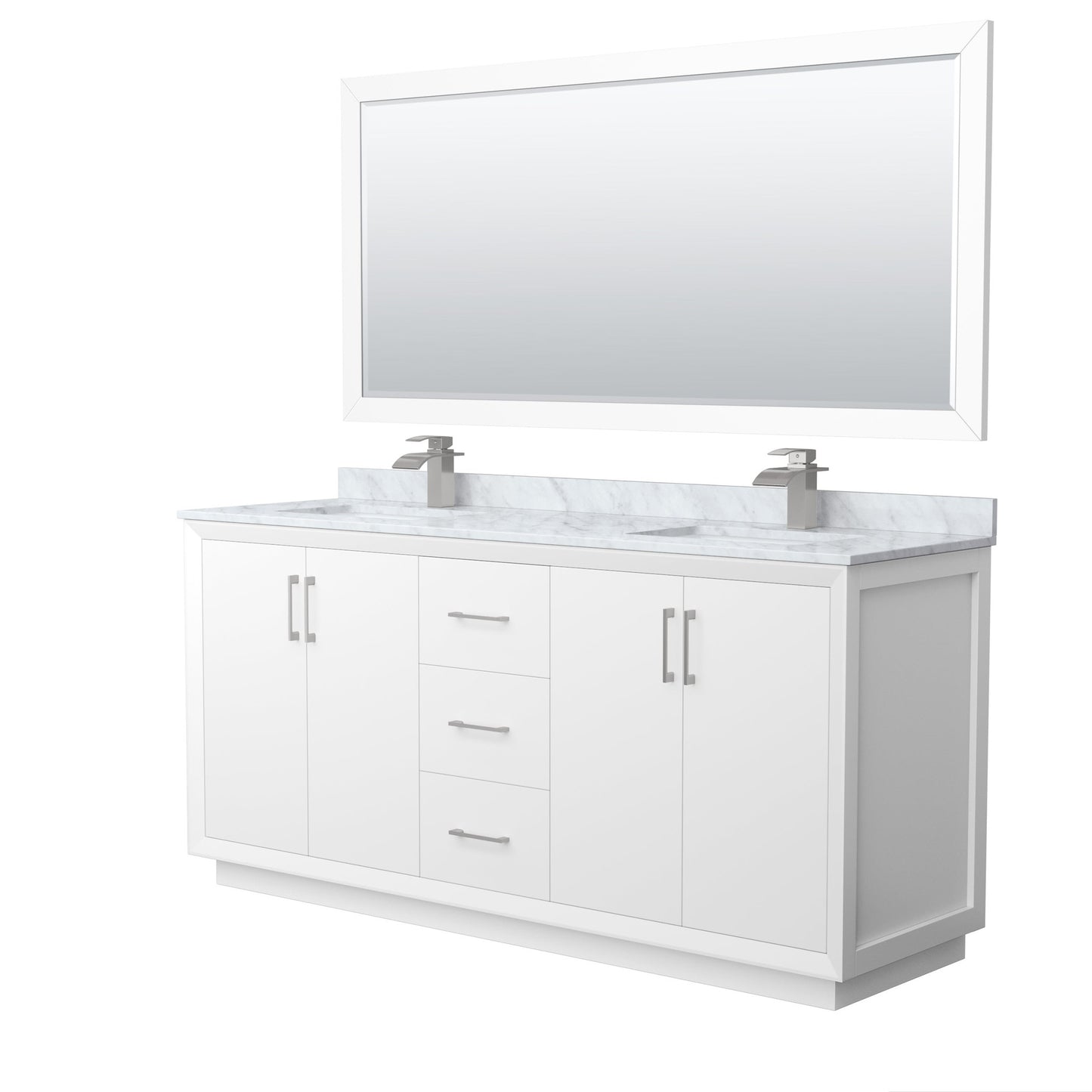 Wyndham Collection Strada 72" Double Bathroom Vanity in White, White Carrara Marble Countertop, Undermount Square Sink, Brushed Nickel Trim, 70" Mirror