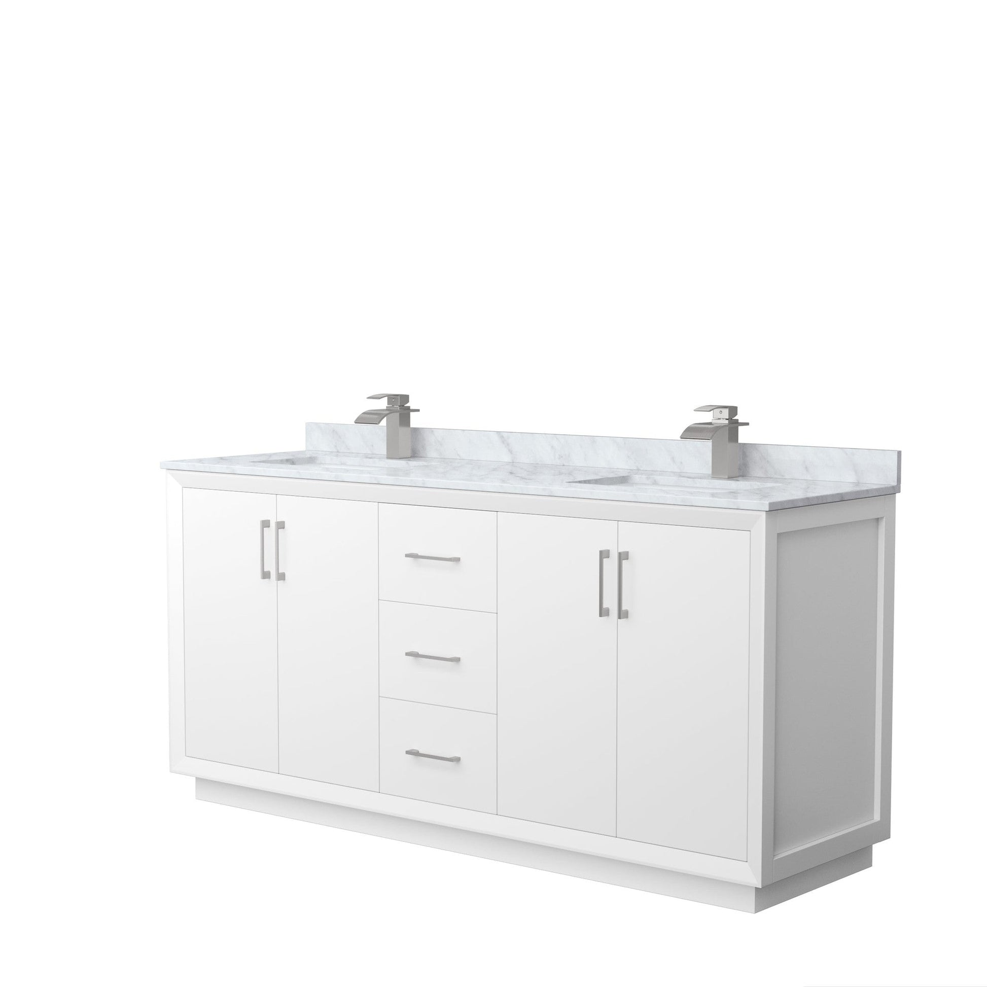 Wyndham Collection Strada 72" Double Bathroom Vanity in White, White Carrara Marble Countertop, Undermount Square Sink, Brushed Nickel Trim