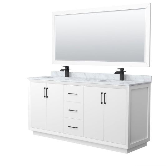 Wyndham Collection Strada 72" Double Bathroom Vanity in White, White Carrara Marble Countertop, Undermount Square Sink, Matte Black Trim, 70" Mirror