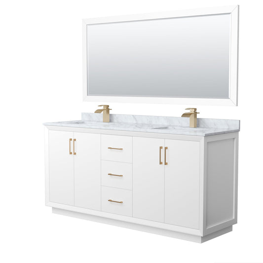 Wyndham Collection Strada 72" Double Bathroom Vanity in White, White Carrara Marble Countertop, Undermount Square Sink, Satin Bronze Trim, 70" Mirror