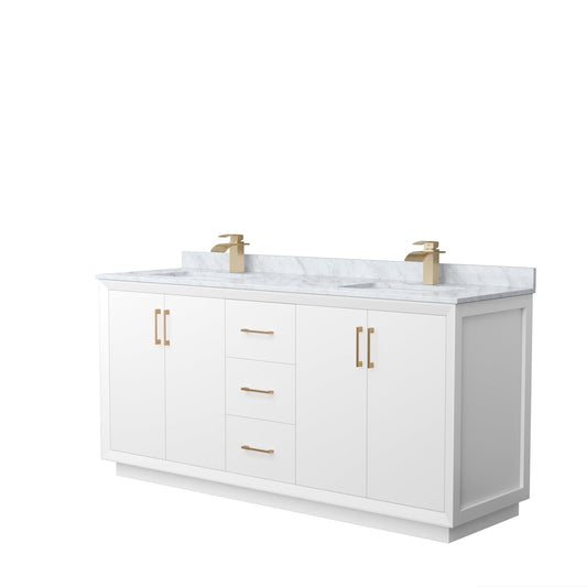 Wyndham Collection Strada 72" Double Bathroom Vanity in White, White Carrara Marble Countertop, Undermount Square Sink, Satin Bronze Trim