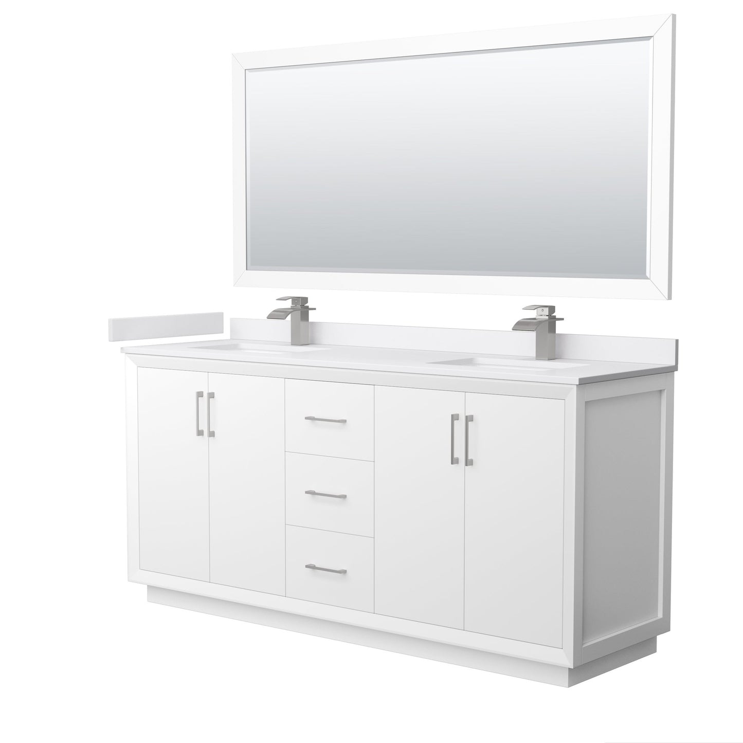 Wyndham Collection Strada 72" Double Bathroom Vanity in White, White Cultured Marble Countertop, Undermount Square Sink, Brushed Nickel Trim, 70" Mirror
