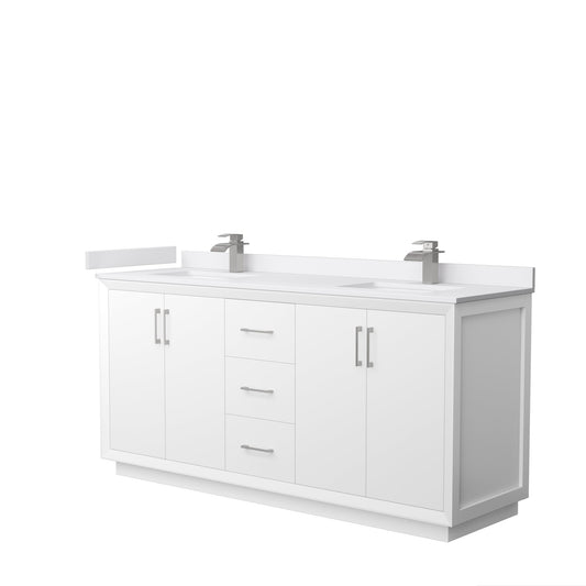 Wyndham Collection Strada 72" Double Bathroom Vanity in White, White Cultured Marble Countertop, Undermount Square Sink, Brushed Nickel Trim