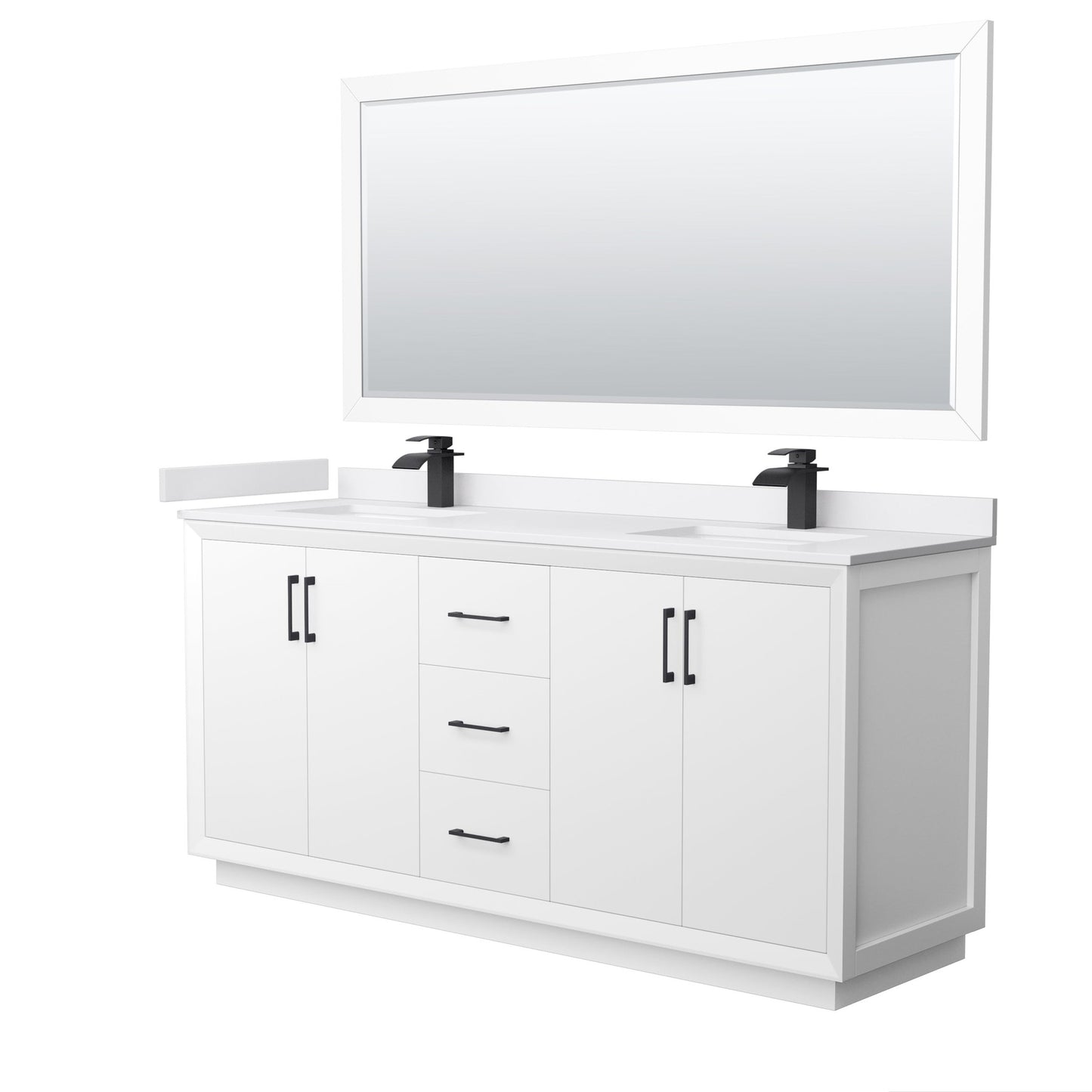 Wyndham Collection Strada 72" Double Bathroom Vanity in White, White Cultured Marble Countertop, Undermount Square Sink, Matte Black Trim, 70" Mirror