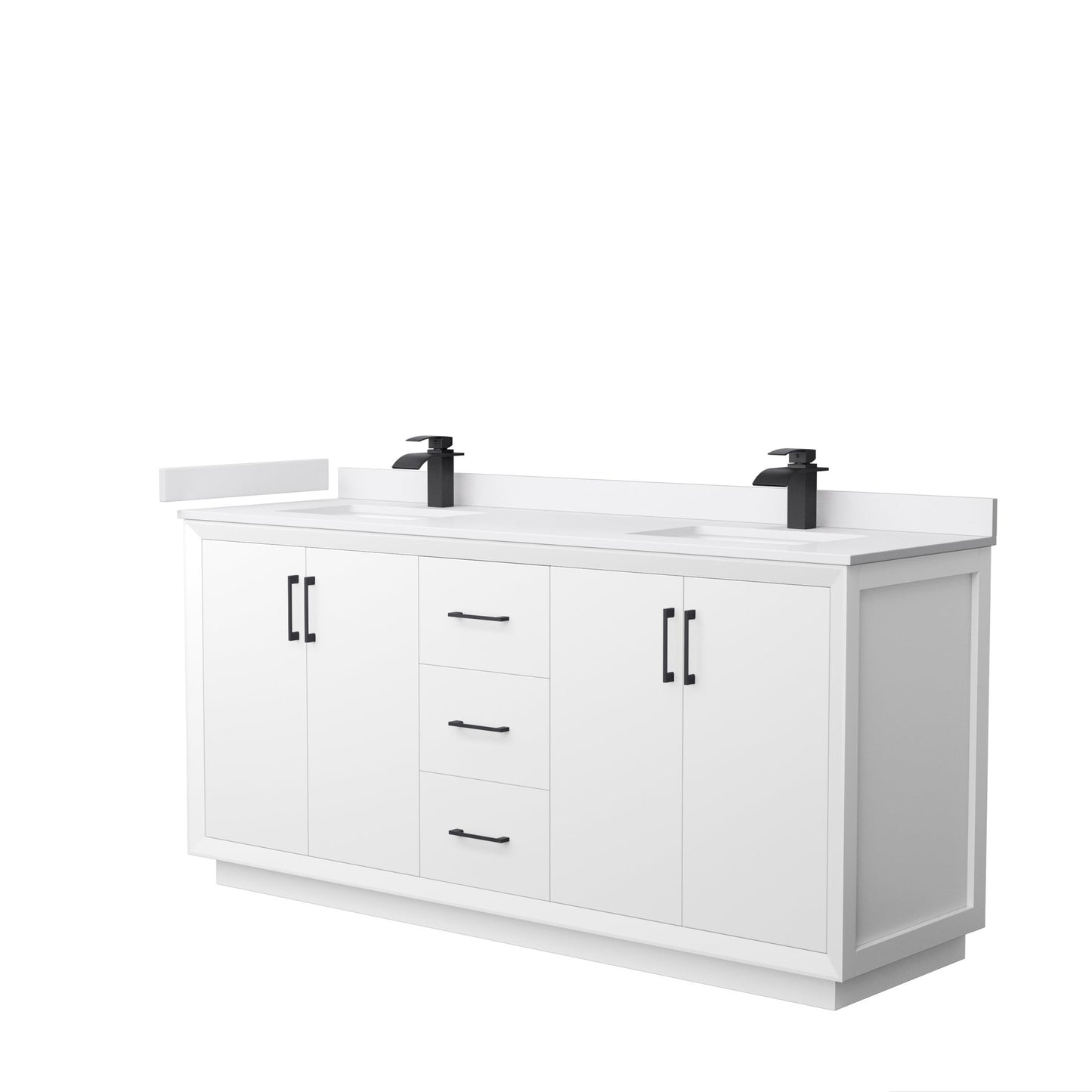 Wyndham Collection Strada 72" Double Bathroom Vanity in White, White Cultured Marble Countertop, Undermount Square Sink, Matte Black Trim