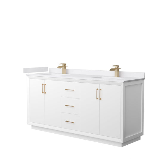 Wyndham Collection Strada 72" Double Bathroom Vanity in White, White Cultured Marble Countertop, Undermount Square Sink, Satin Bronze Trim