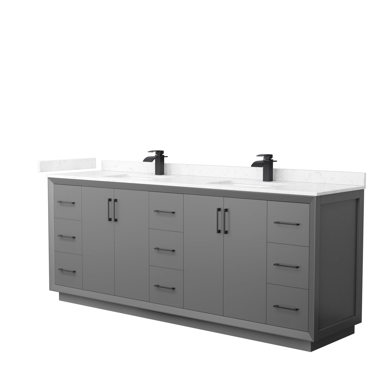 Wyndham Collection Strada 84" Double Bathroom Vanity in Dark Gray, Carrara Cultured Marble Countertop, Undermount Square Sink, Matte Black Trim