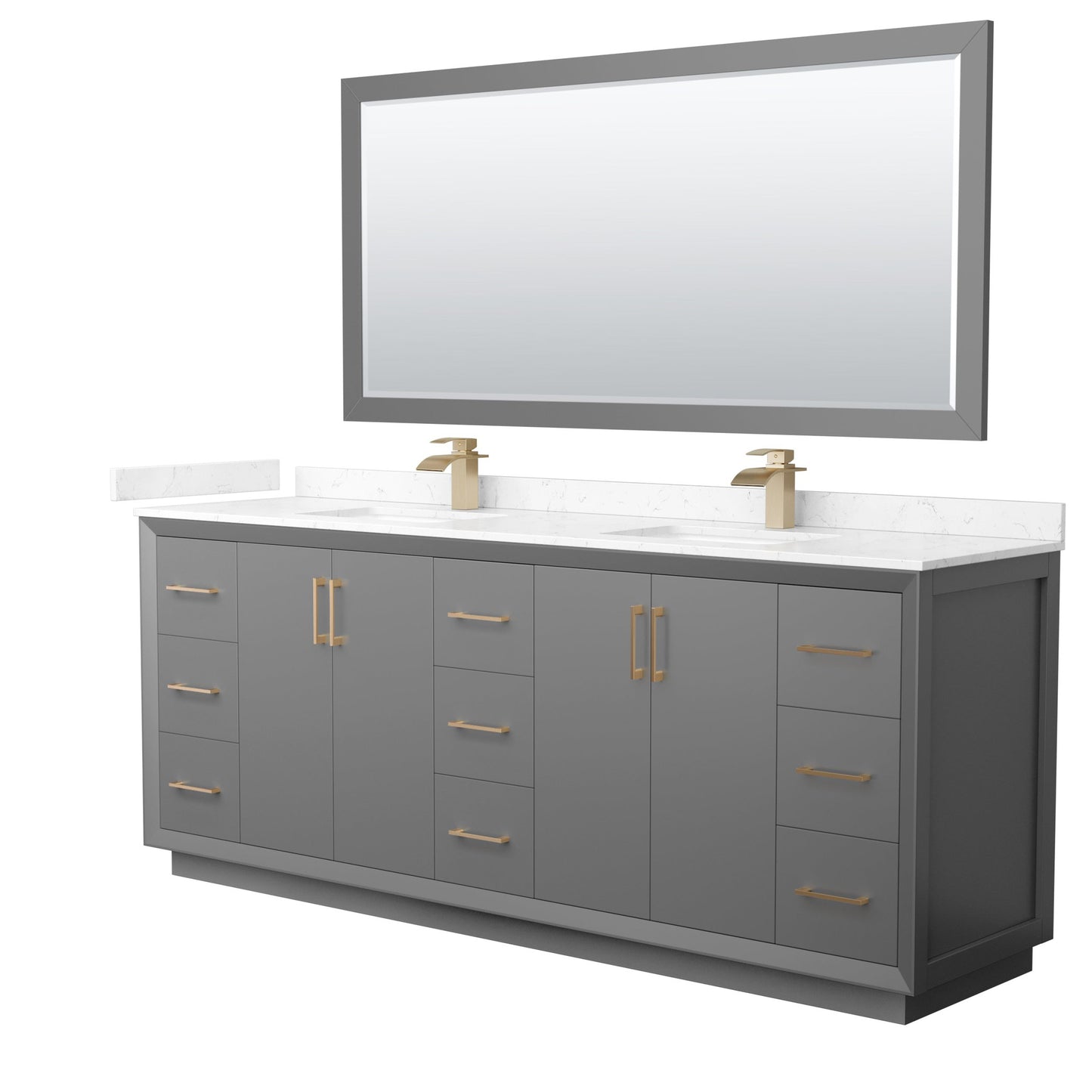 Wyndham Collection Strada 84" Double Bathroom Vanity in Dark Gray, Carrara Cultured Marble Countertop, Undermount Square Sink, Satin Bronze Trim, 70" Mirror