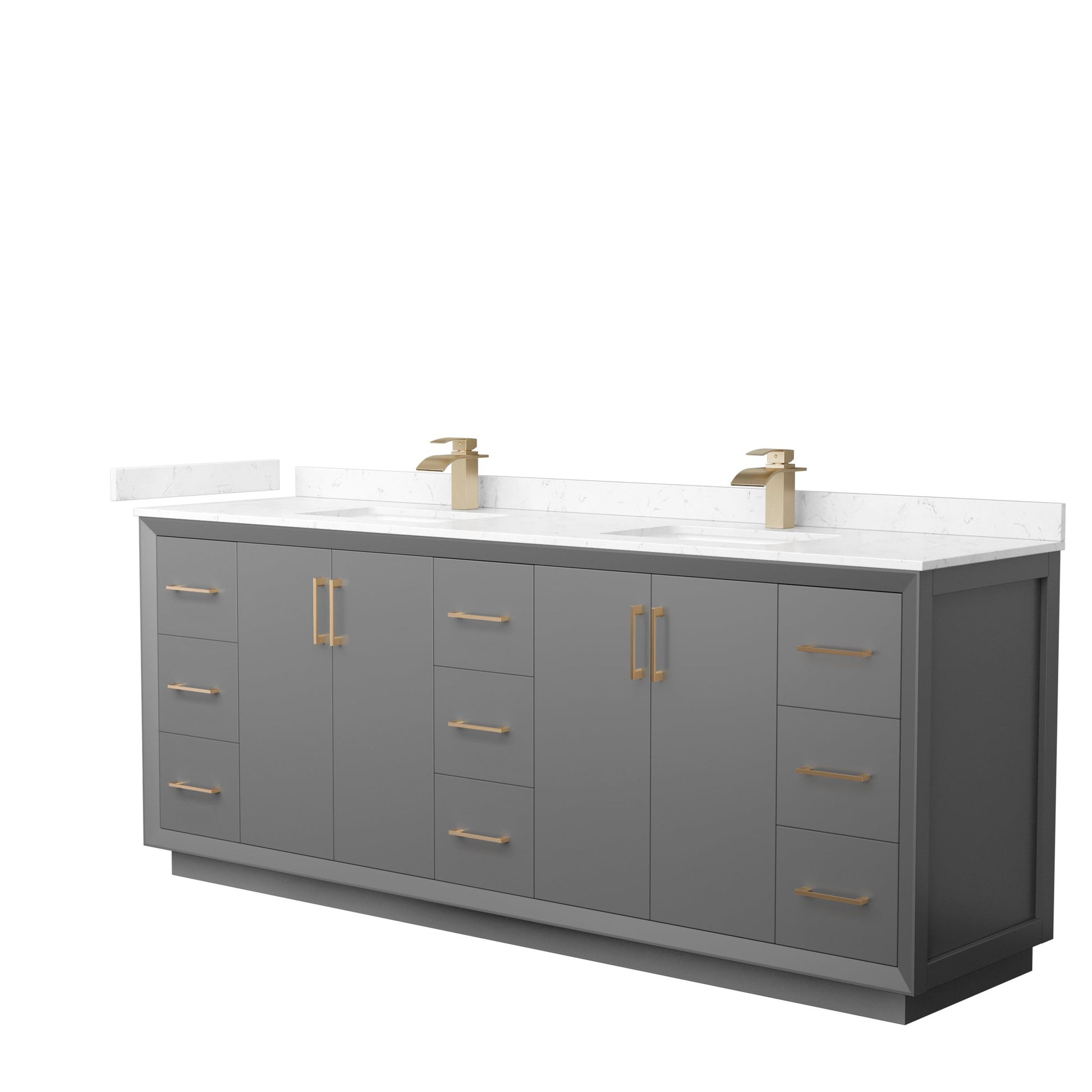 Wyndham Collection Strada 84" Double Bathroom Vanity in Dark Gray, Carrara Cultured Marble Countertop, Undermount Square Sink, Satin Bronze Trim