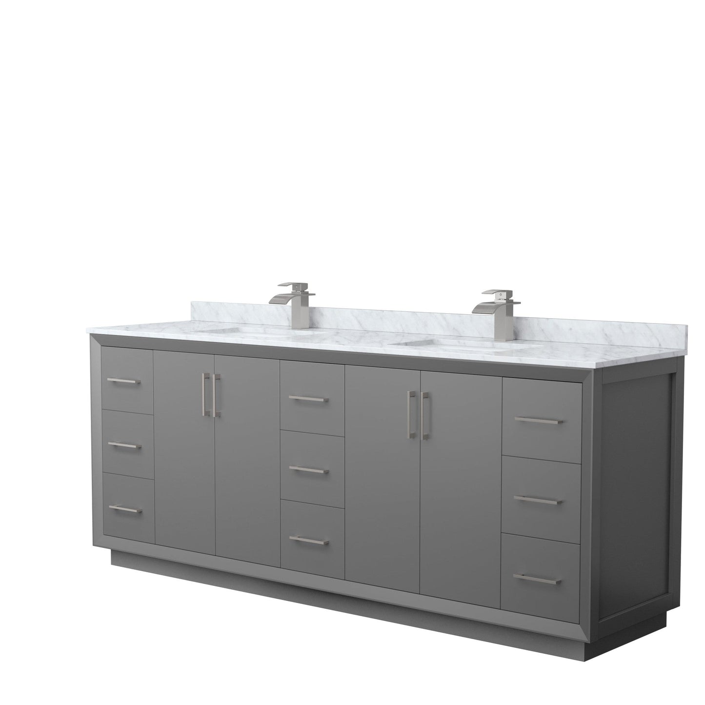 Wyndham Collection Strada 84" Double Bathroom Vanity in Dark Gray, White Carrara Marble Countertop, Undermount Square Sink, Brushed Nickel Trim