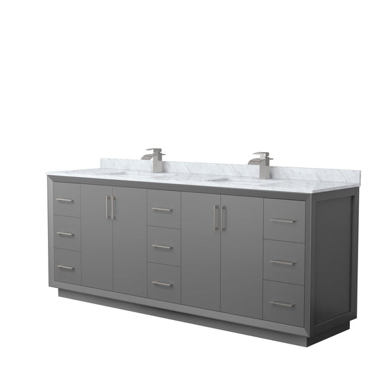 Wyndham Collection Strada 84" Double Bathroom Vanity in Dark Gray, White Carrara Marble Countertop, Undermount Square Sink, Brushed Nickel Trim