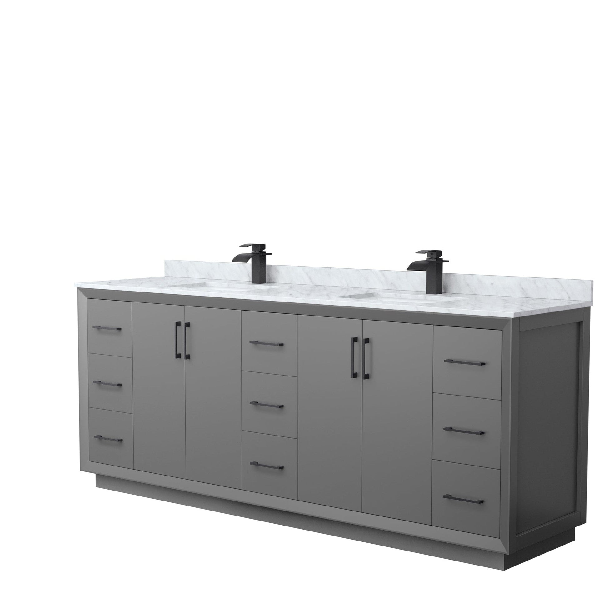 Wyndham Collection Strada 84" Double Bathroom Vanity in Dark Gray, White Carrara Marble Countertop, Undermount Square Sink, Matte Black Trim