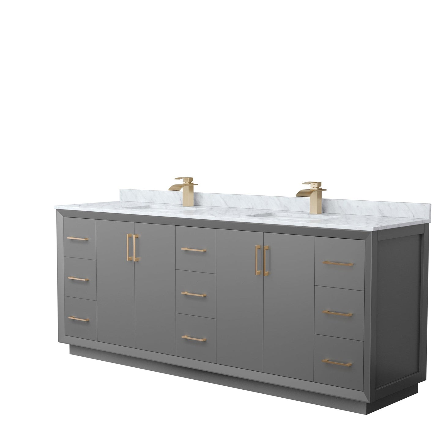 Wyndham Collection Strada 84" Double Bathroom Vanity in Dark Gray, White Carrara Marble Countertop, Undermount Square Sink, Satin Bronze Trim