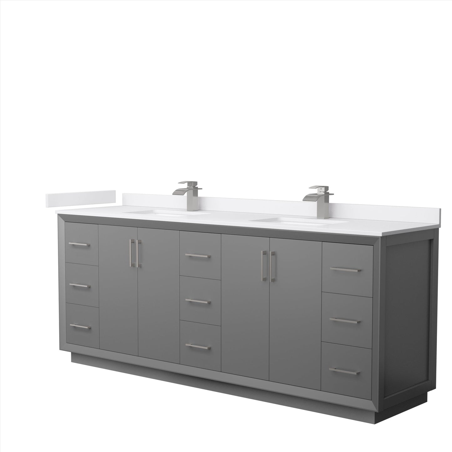 Wyndham Collection Strada 84" Double Bathroom Vanity in Dark Gray, White Cultured Marble Countertop, Undermount Square Sink, Brushed Nickel Trim