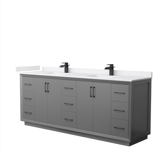 Wyndham Collection Strada 84" Double Bathroom Vanity in Dark Gray, White Cultured Marble Countertop, Undermount Square Sink, Matte Black Trim