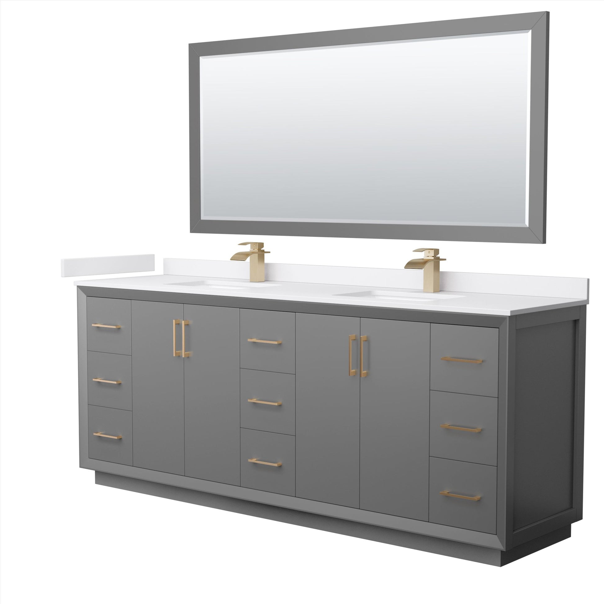 Wyndham Collection Strada 84" Double Bathroom Vanity in Dark Gray, White Cultured Marble Countertop, Undermount Square Sink, Satin Bronze Trim, 70" Mirror