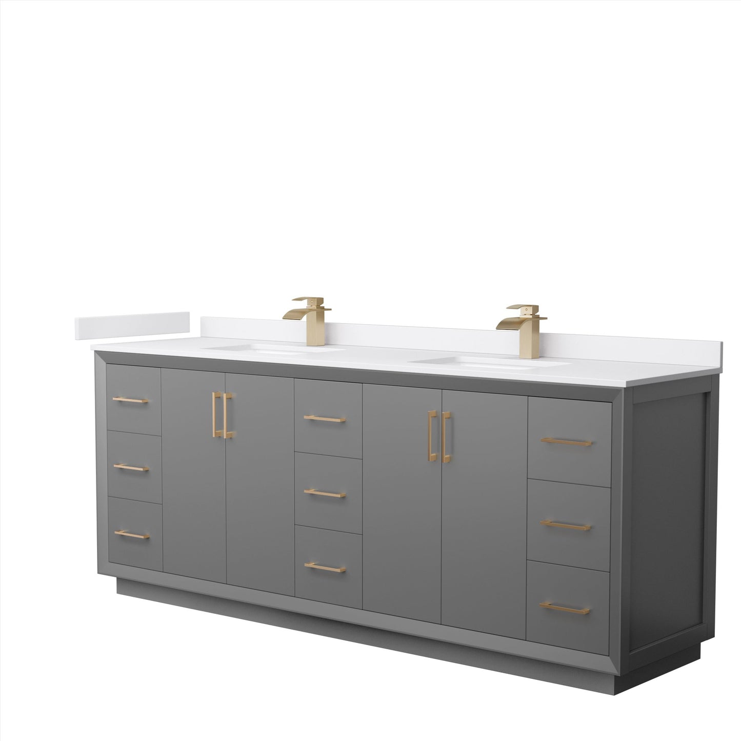 Wyndham Collection Strada 84" Double Bathroom Vanity in Dark Gray, White Cultured Marble Countertop, Undermount Square Sink, Satin Bronze Trim