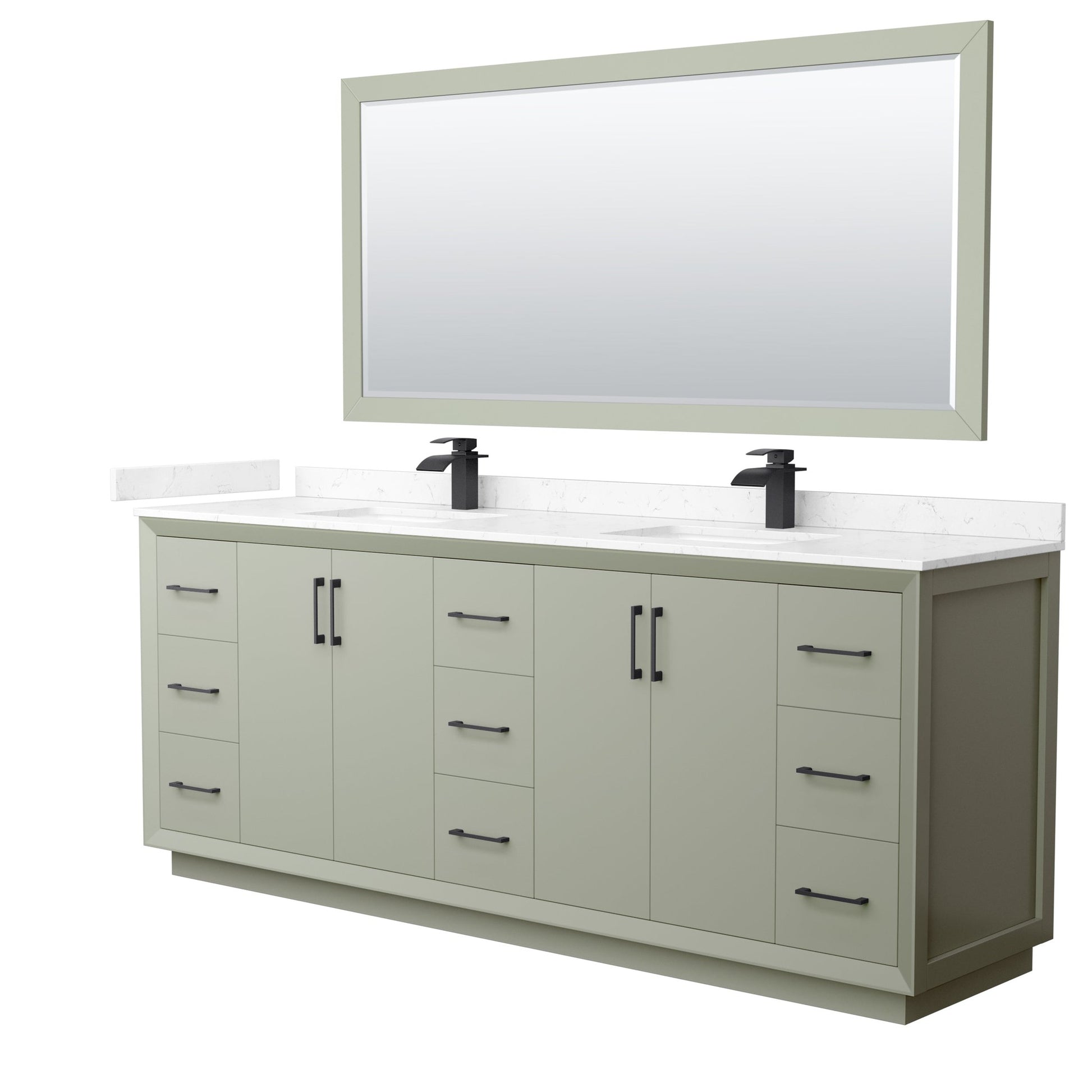 Wyndham Collection Strada 84" Double Bathroom Vanity in Light Green, Carrara Cultured Marble Countertop, Undermount Square Sinks, Matte Black Trim, 70" Mirror