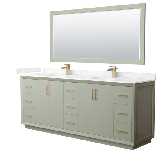 Wyndham Collection Strada 84" Double Bathroom Vanity in Light Green, Carrara Cultured Marble Countertop, Undermount Square Sinks, Satin Bronze Trim, 70" Mirror