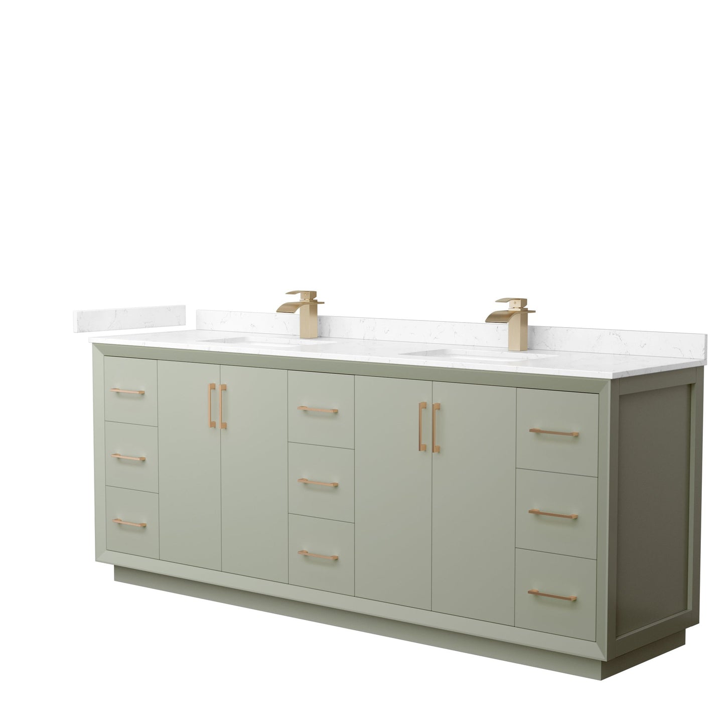 Wyndham Collection Strada 84" Double Bathroom Vanity in Light Green, Carrara Cultured Marble Countertop, Undermount Square Sinks, Satin Bronze Trim