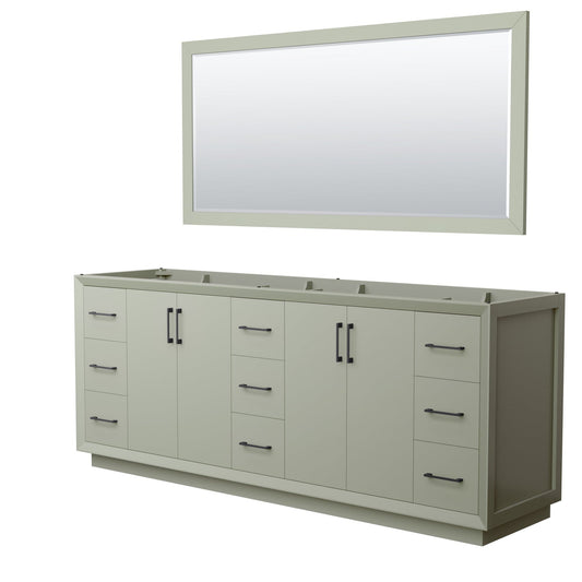 Wyndham Collection Strada 84" Double Bathroom Vanity in Light Green, No Countertop, No Sink, Matte Black Trim, 70" Mirror