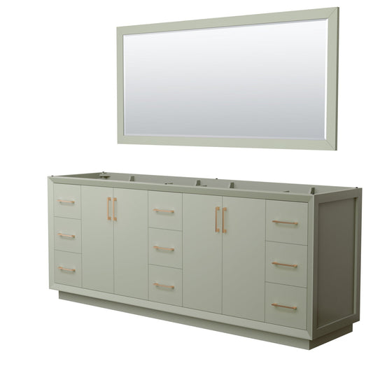 Wyndham Collection Strada 84" Double Bathroom Vanity in Light Green, No Countertop, No Sink, Satin Bronze Trim, 70" Mirror