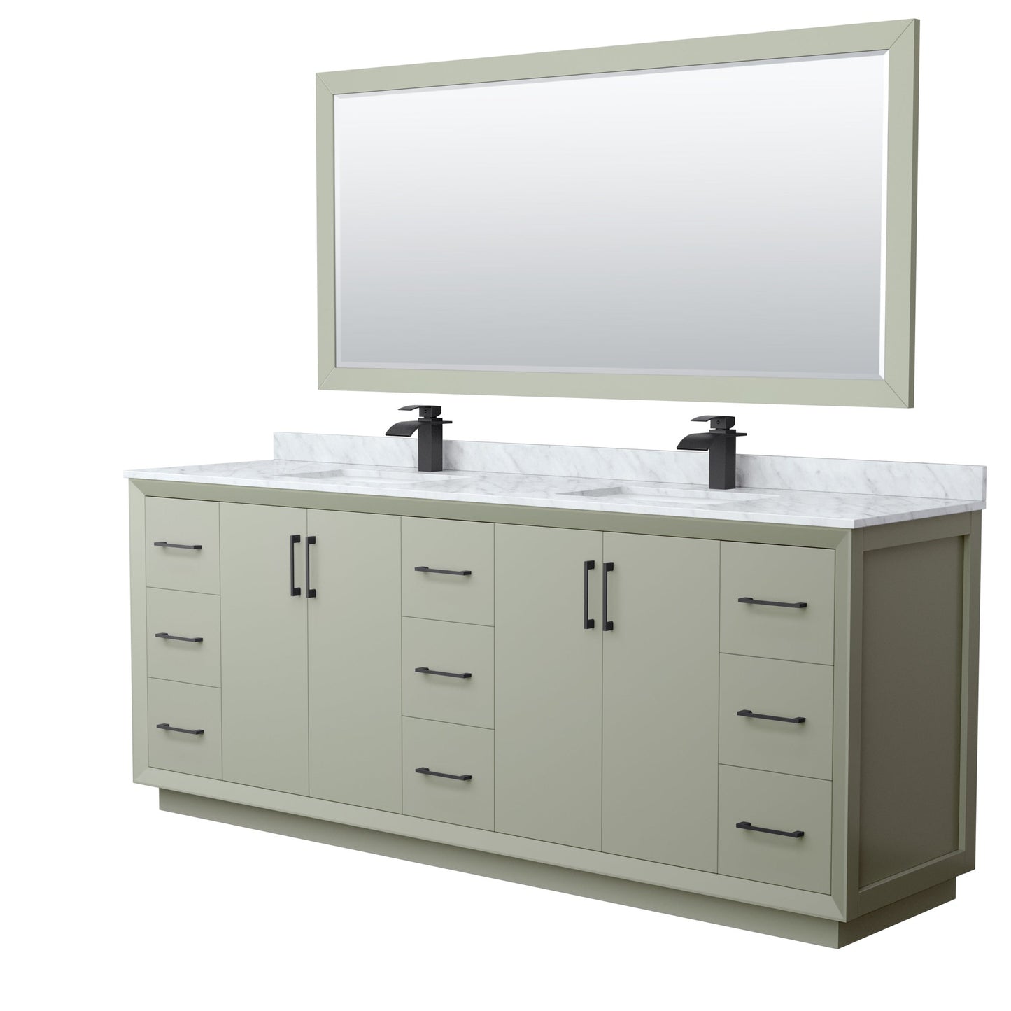 Wyndham Collection Strada 84" Double Bathroom Vanity in Light Green, White Carrara Marble Countertop, Undermount Square Sinks, Matte Black Trim, 70" Mirror