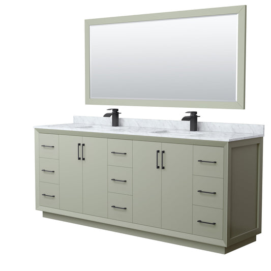 Wyndham Collection Strada 84" Double Bathroom Vanity in Light Green, White Carrara Marble Countertop, Undermount Square Sinks, Matte Black Trim, 70" Mirror