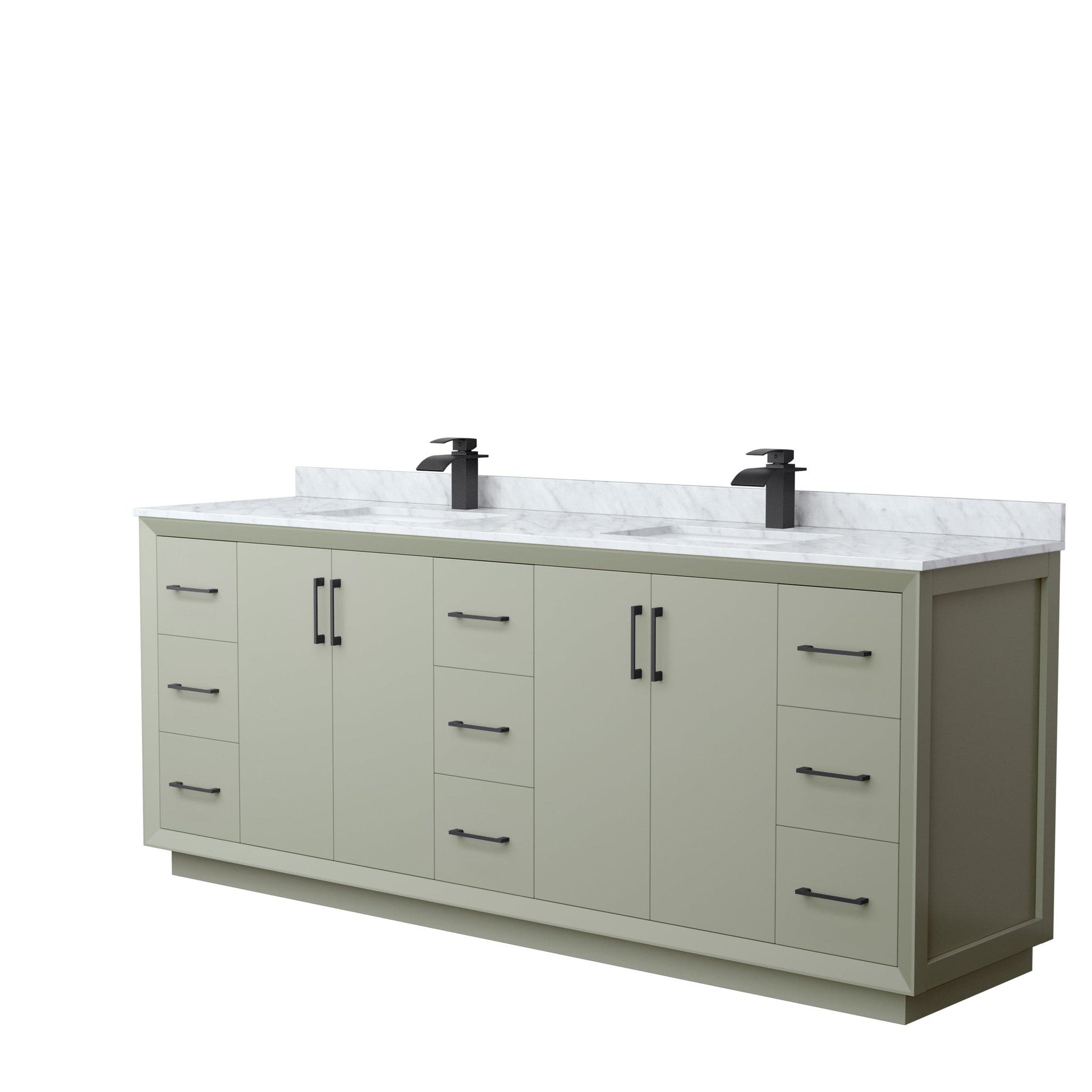 Wyndham Collection Strada 84" Double Bathroom Vanity in Light Green, White Carrara Marble Countertop, Undermount Square Sinks, Matte Black Trim