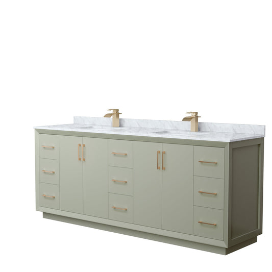 Wyndham Collection Strada 84" Double Bathroom Vanity in Light Green, White Carrara Marble Countertop, Undermount Square Sinks, Satin Bronze Trim