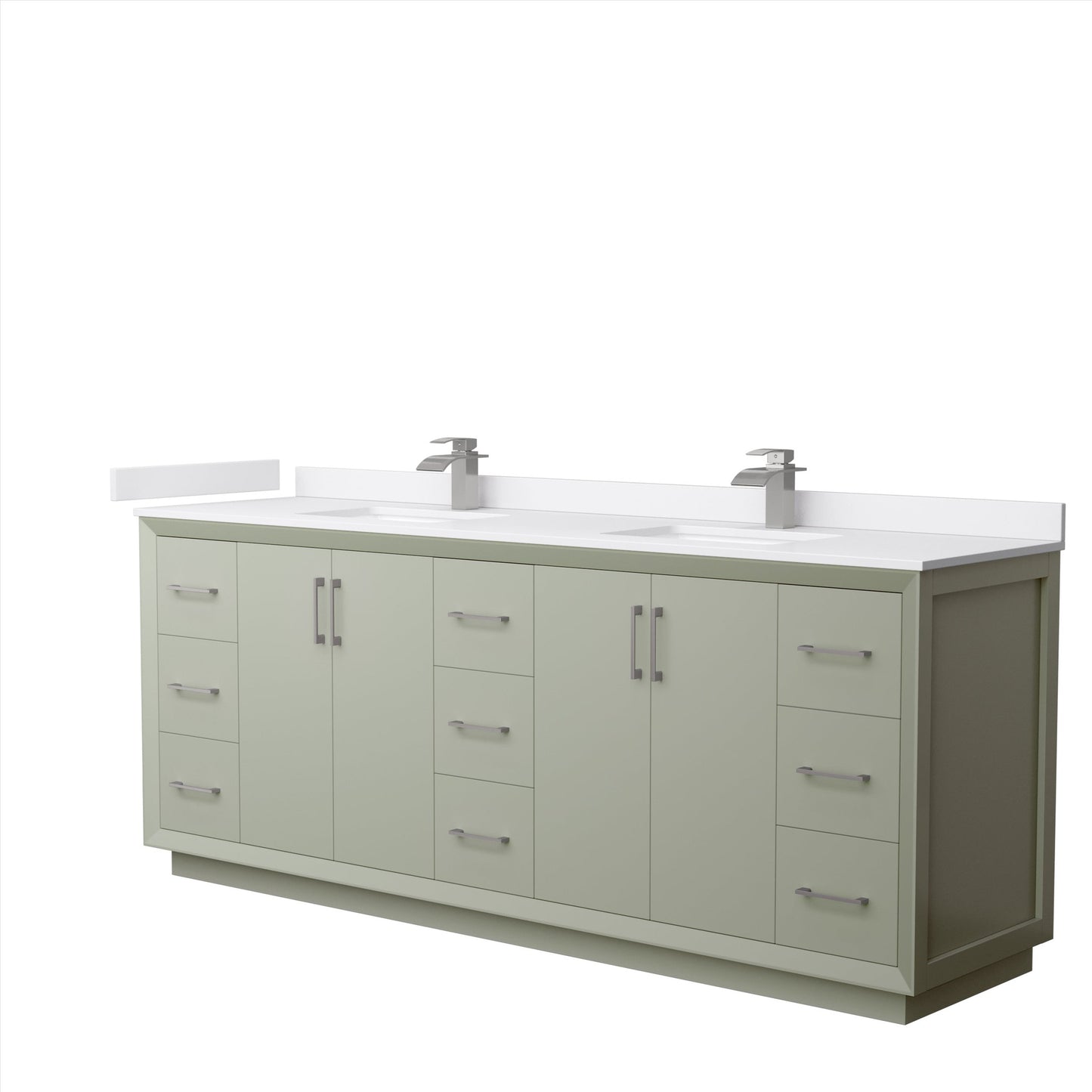 Wyndham Collection Strada 84" Double Bathroom Vanity in Light Green, White Cultured Marble Countertop, Undermount Square Sinks, Brushed Nickel Trim