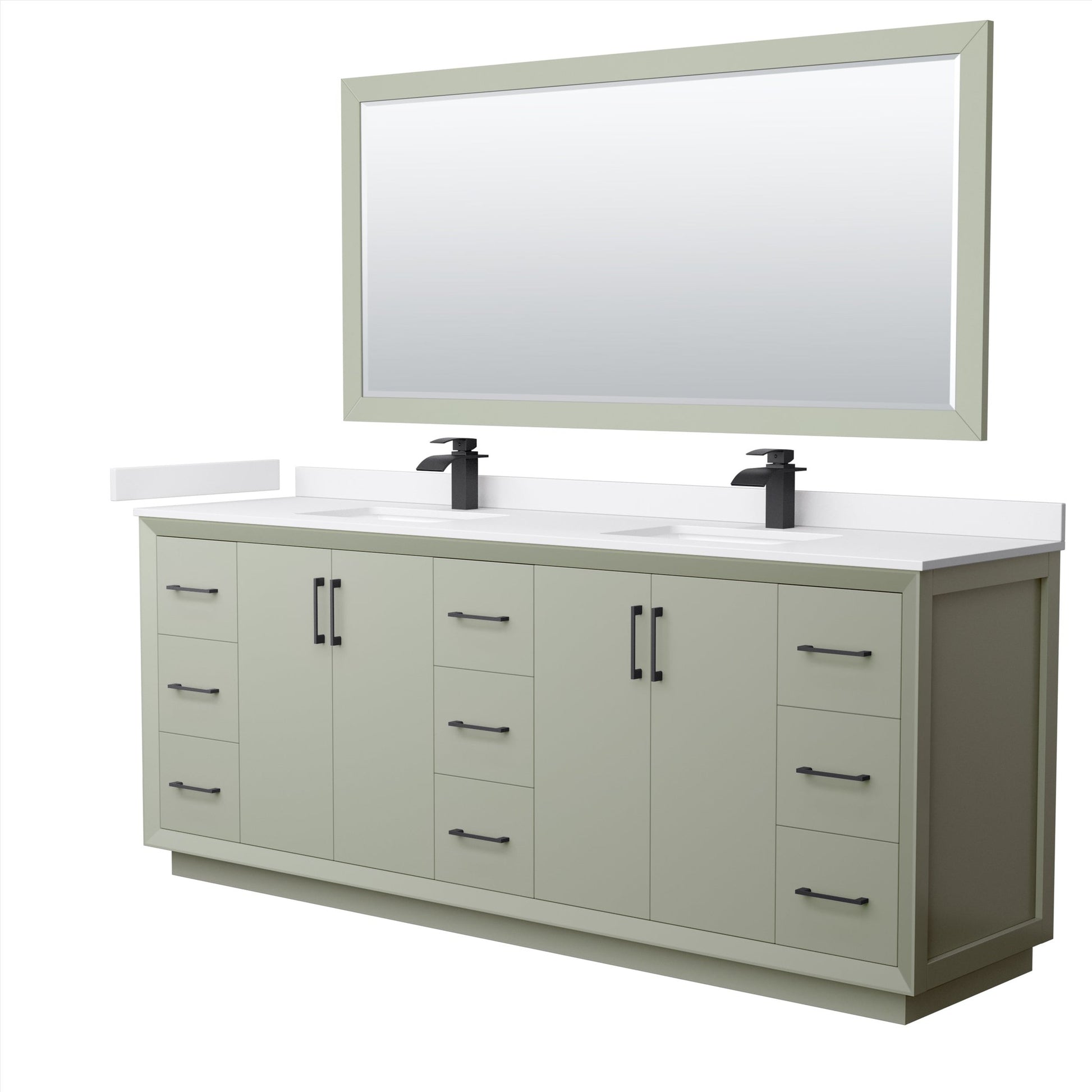 Wyndham Collection Strada 84" Double Bathroom Vanity in Light Green, White Cultured Marble Countertop, Undermount Square Sinks, Matte Black Trim, 70" Mirror