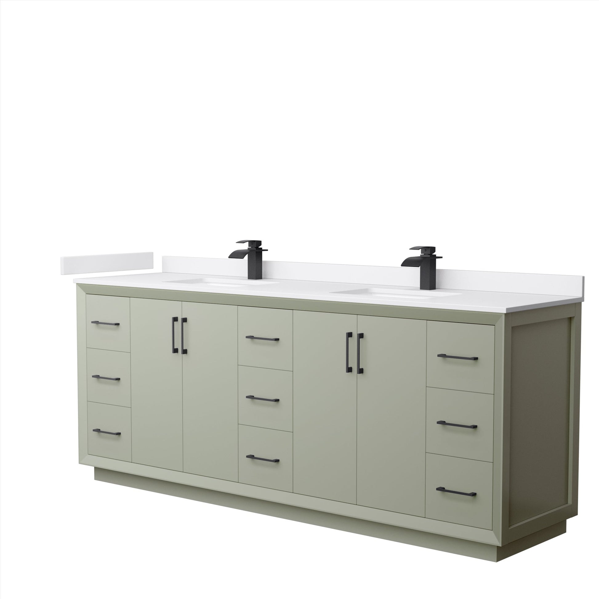 Wyndham Collection Strada 84" Double Bathroom Vanity in Light Green, White Cultured Marble Countertop, Undermount Square Sinks, Matte Black Trim