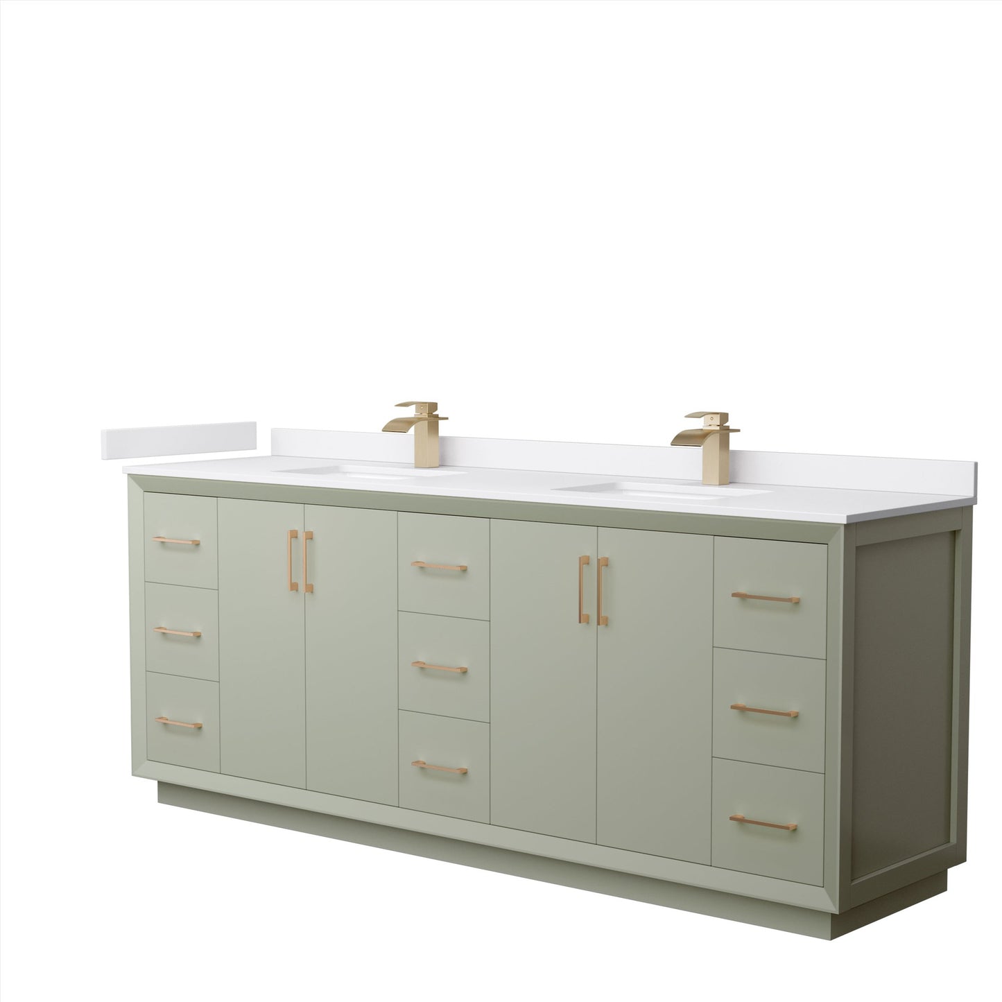 Wyndham Collection Strada 84" Double Bathroom Vanity in Light Green, White Cultured Marble Countertop, Undermount Square Sinks, Satin Bronze Trim